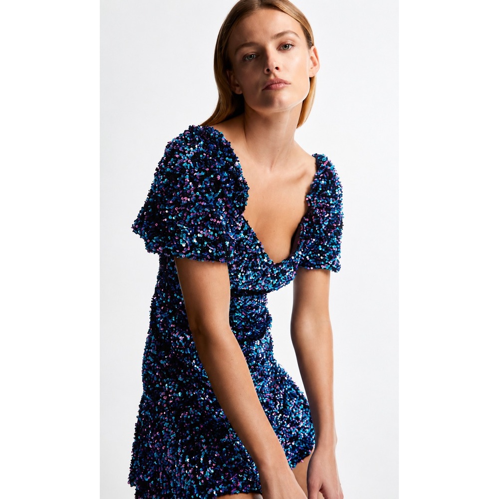 Zara Navy Purple Sequin Puff-Sleeve Mini Dress
